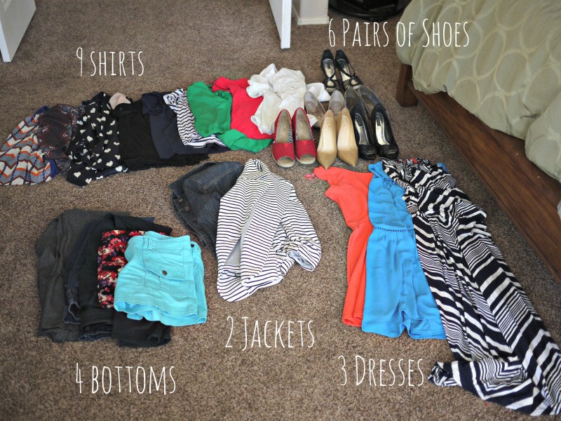 In my small wardrobe, you'll find 4 bottoms, 9 shirts, 2 jackets, 6 pairs of shoes and 3 dresses.