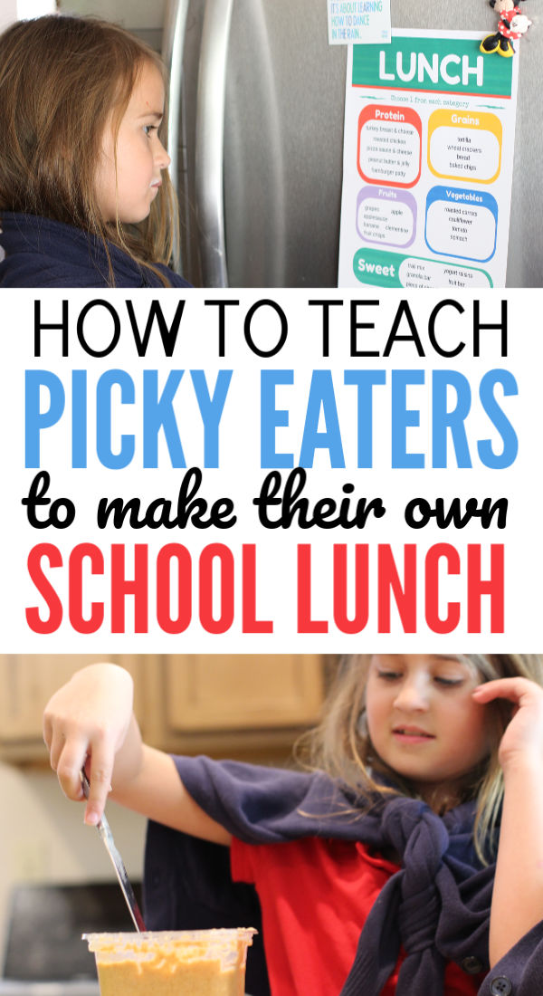 Running out of ideas for school lunches for kids? THIS is an easy way to make picky eaters happy - have them pack their own lunch!! This post has lunchbox ideas along with a free printable to make mornings easy. Great to start in Kindergarten, but also works for elementary school, middle school and high school kids! Perfect parenting advice for busy moms.