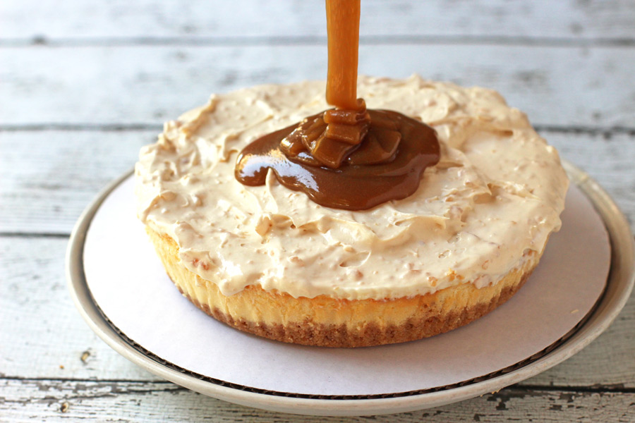 The easiest salted caramel cheesecake you will ever make! Delicious homemade caramel, caramel mousse and a sprinkle of salt on top. 