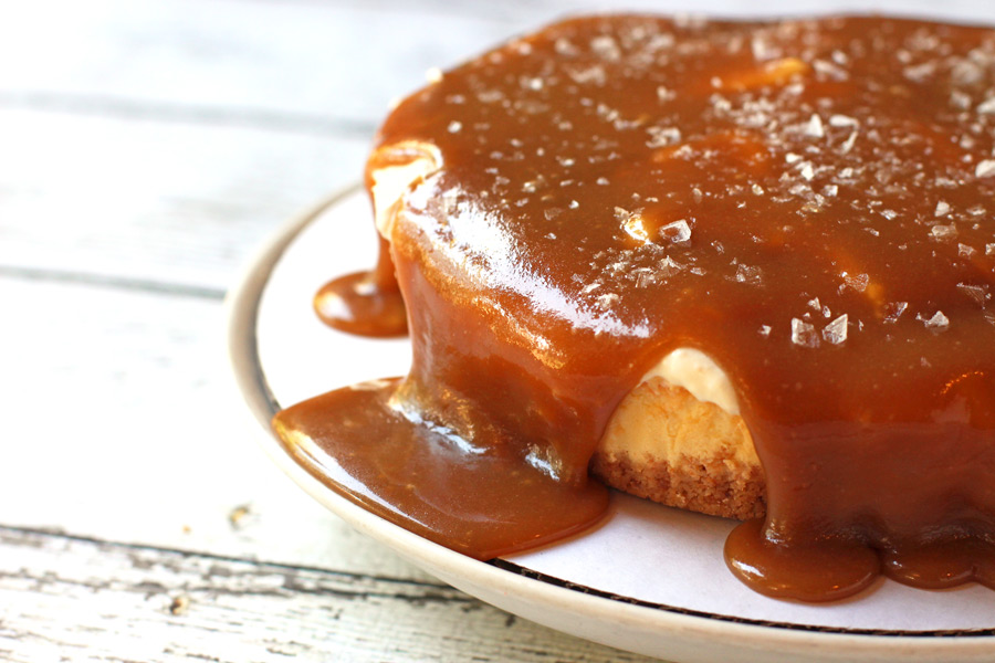 The easiest salted caramel cheesecake you will ever make! Delicious homemade caramel, caramel mousse and a sprinkle of salt on top. 