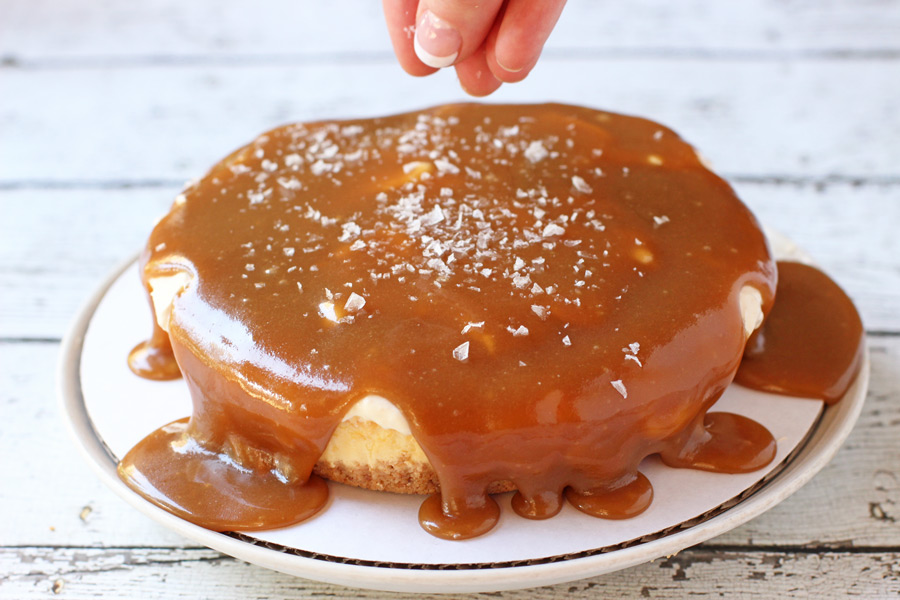 The easiest salted caramel cheesecake you will ever make! Delicious homemade caramel, caramel mousse and a sprinkle of salt on top. 