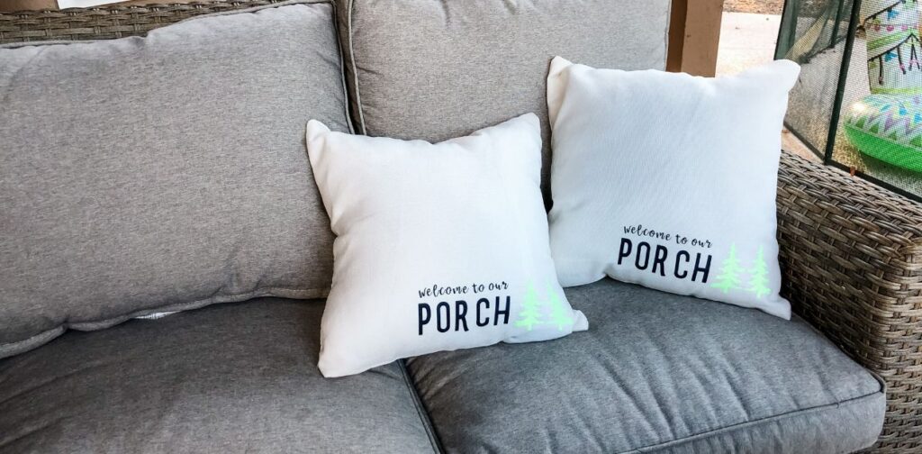 DIY outdoor pillows lounging on an outdoor couch